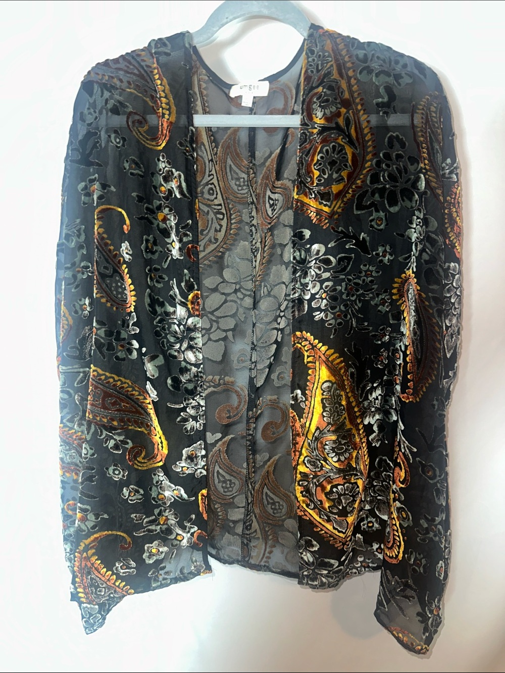 Umgee Black Sheer kimono with Gold & Brown Paisley burnout